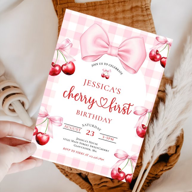 Pink Coquette Bow Cherry First Birthday Party  Invitation (Creator Uploaded)