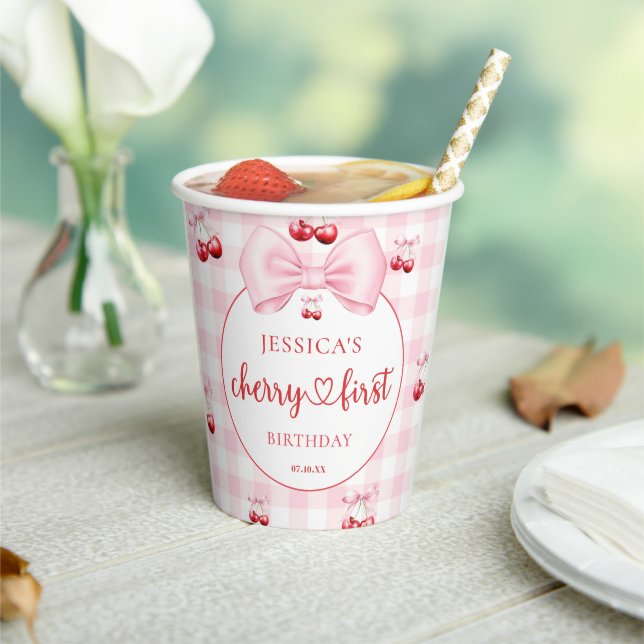 Pink Coquette Bow Cherry First Birthday Party Paper Cups (Insitu)