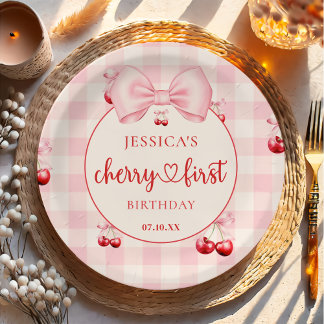 Pink Coquette Bow Cherry First Birthday Party Paper Plate