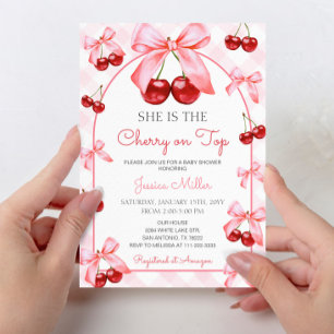 Pink Coquette Bow Cherry on Top Baby Shower Invitation