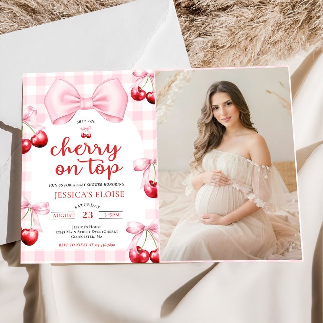 Pink Coquette Bow Cherry On Top Baby Shower Photo Invitation (Creator Uploaded)