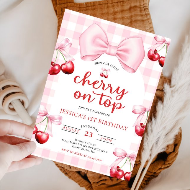 Pink Coquette Bow Cherry On Top Birthday Party  Invitation (Creator Uploaded)