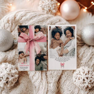Pink Coquette Bow Christmas Winter 5 Photo Holiday Card