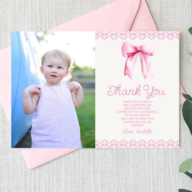 Pink Coquette Bow Custom Picture Birthday Party Thank You Card (Creator Uploaded)