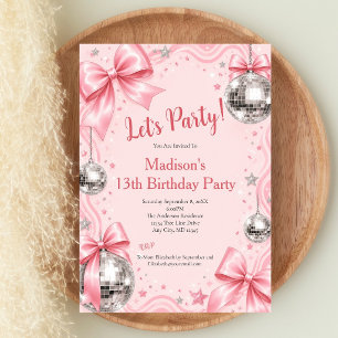 Pink Coquette Bow Disco Ball Girls Teen Birthday Invitation