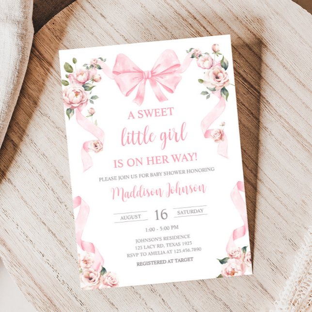 Pink Coquette Bow Floral Baby Shower Invitation (Pink Coquette Floral Sweet Little Girl Baby Shower Invitation)