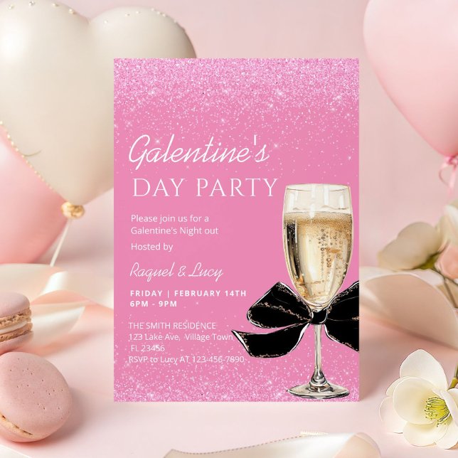 Pink Coquette Bow Galentine's Day Party Invitation (Black coquette bow Galentine's Day Party Invitation)