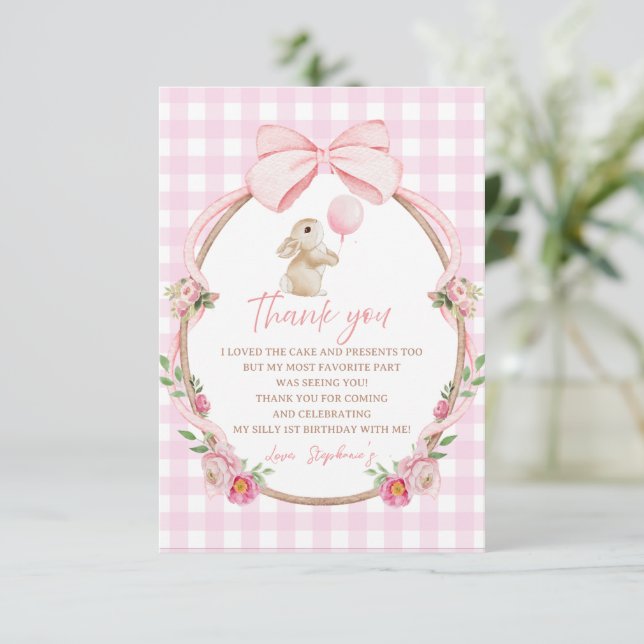 Pink Coquette Bow Gingham Bunny Thank You Card (Standing Front)