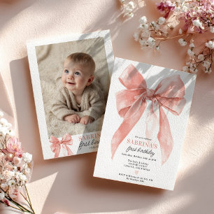 Pink Coquette Bow Girl 1st Birthday Party Photo Invitation
