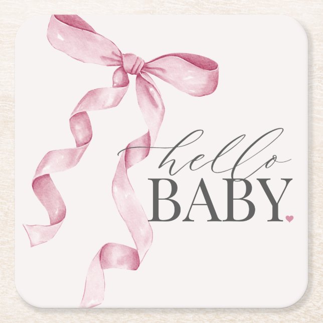 Pink Coquette Bow Girl Baby Shower Decor Square Paper Coaster (Front)