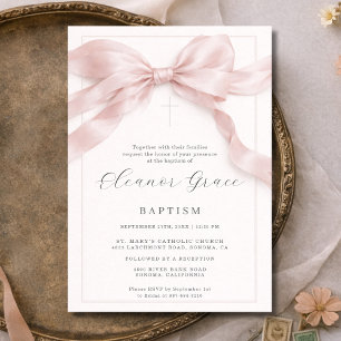 Pink Coquette Bow Girl Baptism Invitation