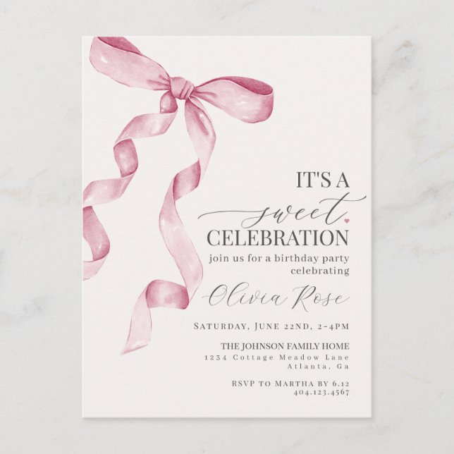 Pink Coquette Bow Girl Birthday Party Invitation Postcard (Front)