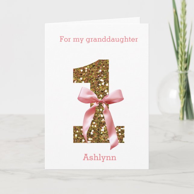 Pink Coquette Bow Gold Glitter 1st Birthday  Card (Front)