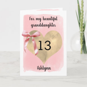 Pink Coquette Bow Gold Heart 13th Birthday Card