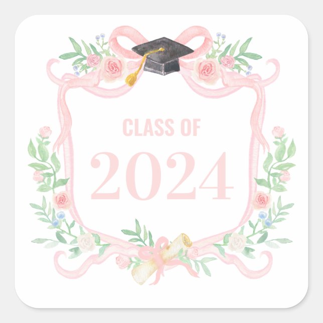 Pink Coquette Bow | Graduation Year Crest Square Sticker (Front)