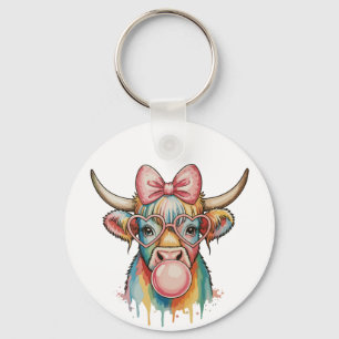 Pink Coquette Bow Highland Cow Bubblegum Key Ring