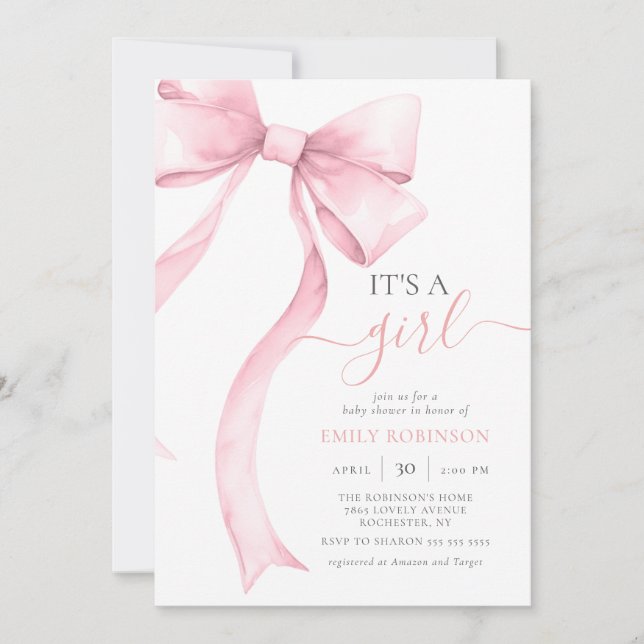 Pink Coquette Bow It's A Girl Baby Shower Gingham Invitation (Front)