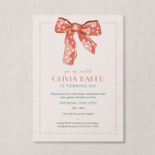 Pink Coquette Bow Kids Birthday Invitation (Heirloom Bow - Coquette themed birthday invitation)