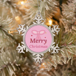 Pink Coquette Bow Merry Christmas Large Desk Mat Snowflake Pewter Christmas Ornament