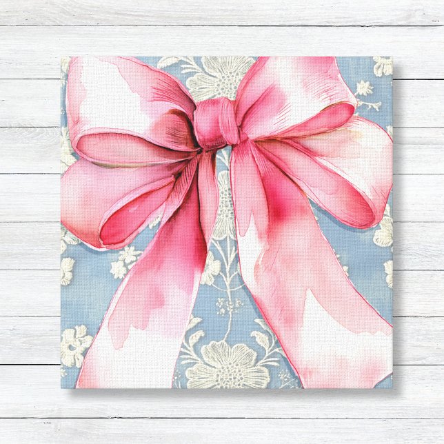 Pink Coquette Bow on Blue Ivory Lace Canvas Print (Pink Watercolor Bow - Coquette Style - on Blue Lace Canvas Wall Art)