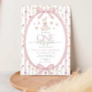 Pink Coquette Bow One Silly Goose 1st Birthday Invitation