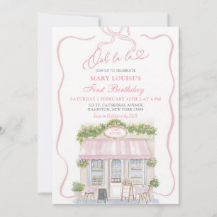Pink Coquette Bow Parisian Café 1st Birthday Invitation