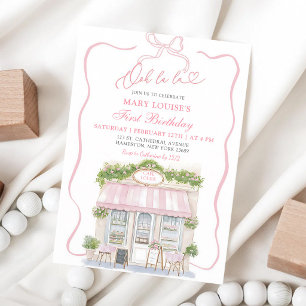 Pink Coquette Bow Parisian Café 1st Birthday Invitation