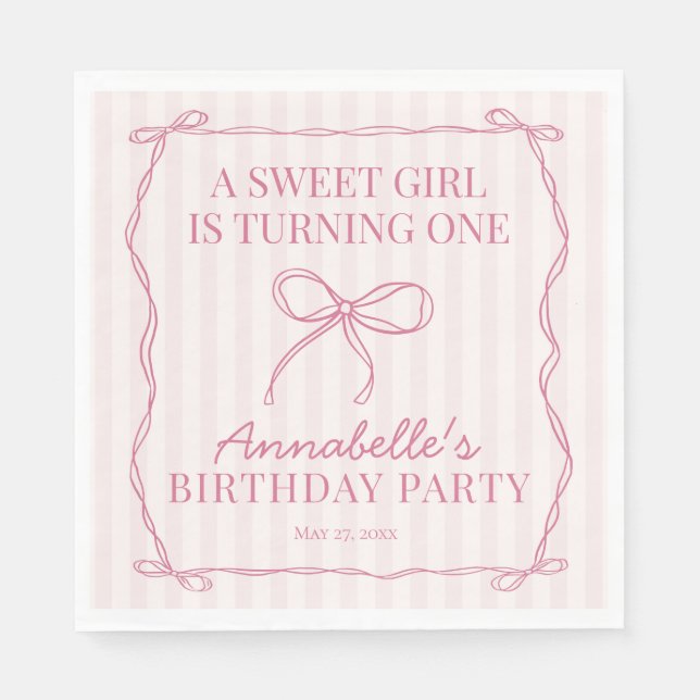 Pink Coquette Bow Pastel Birthday Party Dessert Napkin (Front)