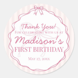 Pink Coquette Bow Pastel Striped Birthday Favour Classic Round Sticker