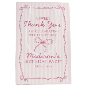 Pink Coquette Bow Pastel Striped Birthday Favour Medium Gift Bag