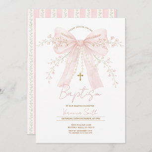 Pink Coquette Bow Pearls Baptism Christening Invitation
