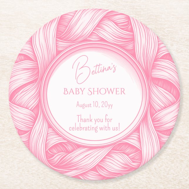 Pink Coquette Bow Ribbon Toile de Jouy Baby Shower Round Paper Coaster (Front)