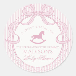 Pink Coquette Bow Rocking Horse Baby Shower Favor Classic Round Sticker