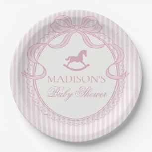 Pink Coquette Bow Rocking Horse Baby Shower Paper Plate