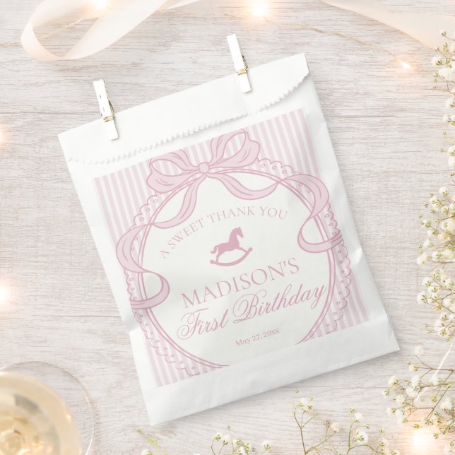 Pink Coquette Bow Rocking Horse Birthday Dessert Favour Bags (Clipped)