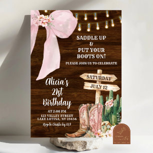 Pink Coquette Bow Rustic Cowgirl Boots Birthday Invitation