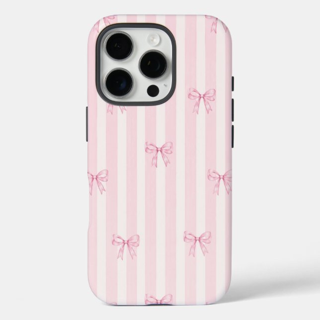 Pink Coquette Bow Stripes iPhone 16 Pro Case. Case-Mate iPhone Case (Back)