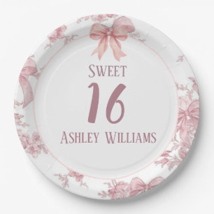 Pink Coquette Bow Sweet 16 Birthday Paper Plate