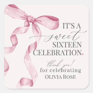 Pink Coquette Bow Sweet 16 Birthday Party Favour Square Sticker