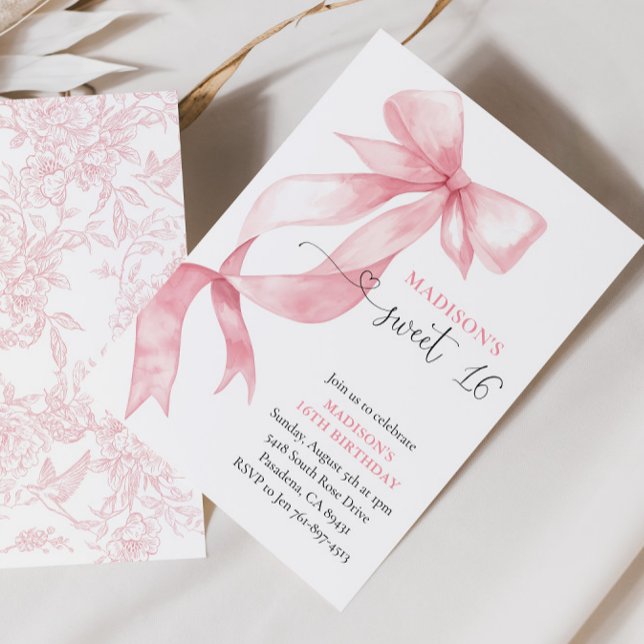 Pink Coquette Bow Sweet 16 Birthday Party Invitation (Creator Uploaded)