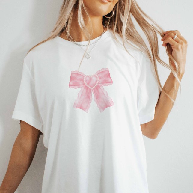 Pink Coquette Bow T-Shirt (Pink bow on white oversized tee.)