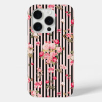 Pink Coquette Bow  Vintage Roses Black Stripes