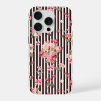 Pink Coquette Bow Vintage Roses Black Stripes