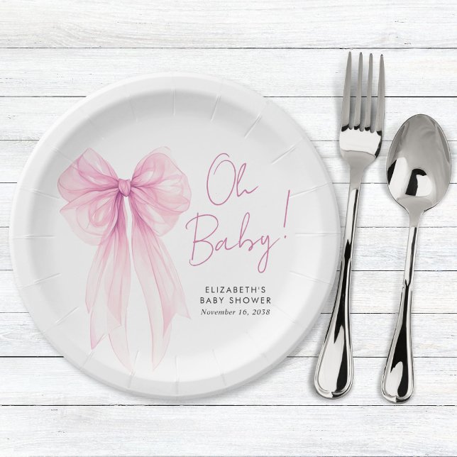 Pink Coquette Bow Watercolor Baby Girl Shower Paper Plate (Creator Uploaded)