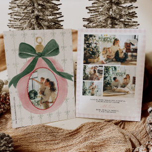 Pink Coquette Bow Watercolor Christmas Photo Card