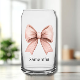 Pink Coquette Bow with Name Can Glass