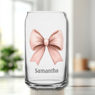 Pink Coquette Bow with Name Can Glass