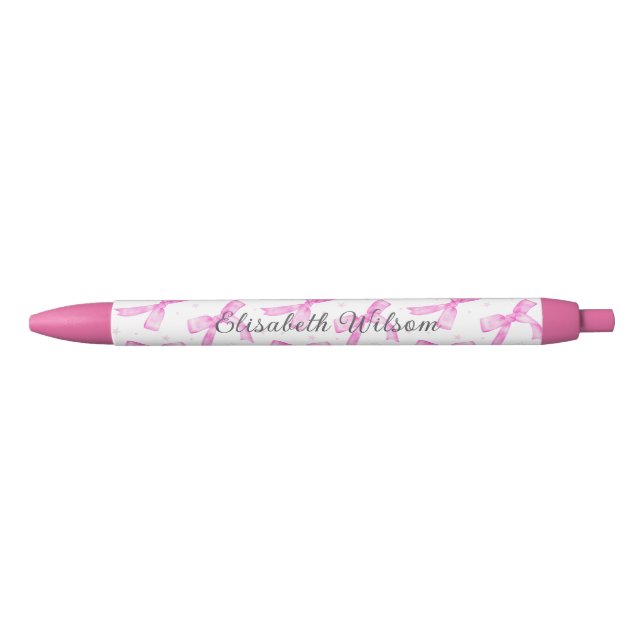 Pink Coquette Bow with Stars Script Name Monogram Black Ink Pen (Front)