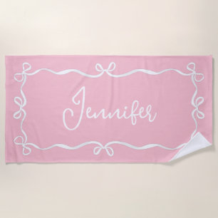Pink Coquette Bows Beach Towel, Custom Name Towel