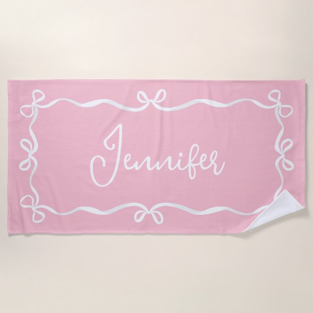Pink Coquette Bows Beach Towel, Custom Name Towel (Front)